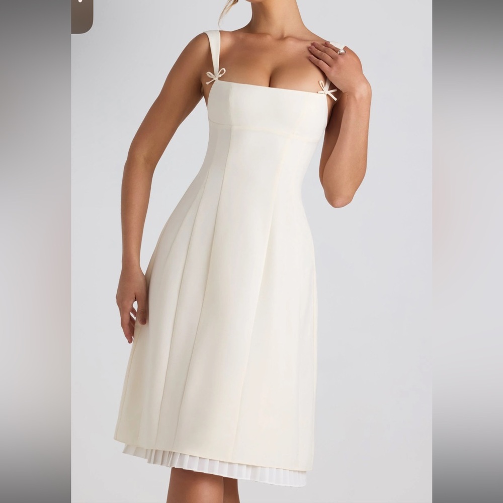 Bow-Embellished Pleated A-Line Midi Dress